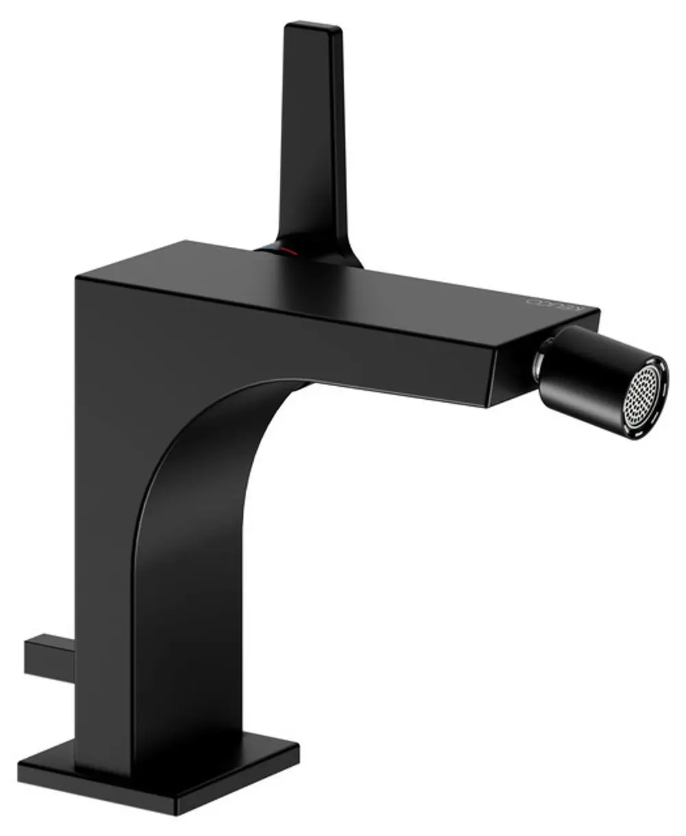 Schwarzer Einhebel-Bidetmischer von Keuco mit abgerundetem Design und seitlichem Hebel zur Steuerung der Wassermenge und -temperatur.